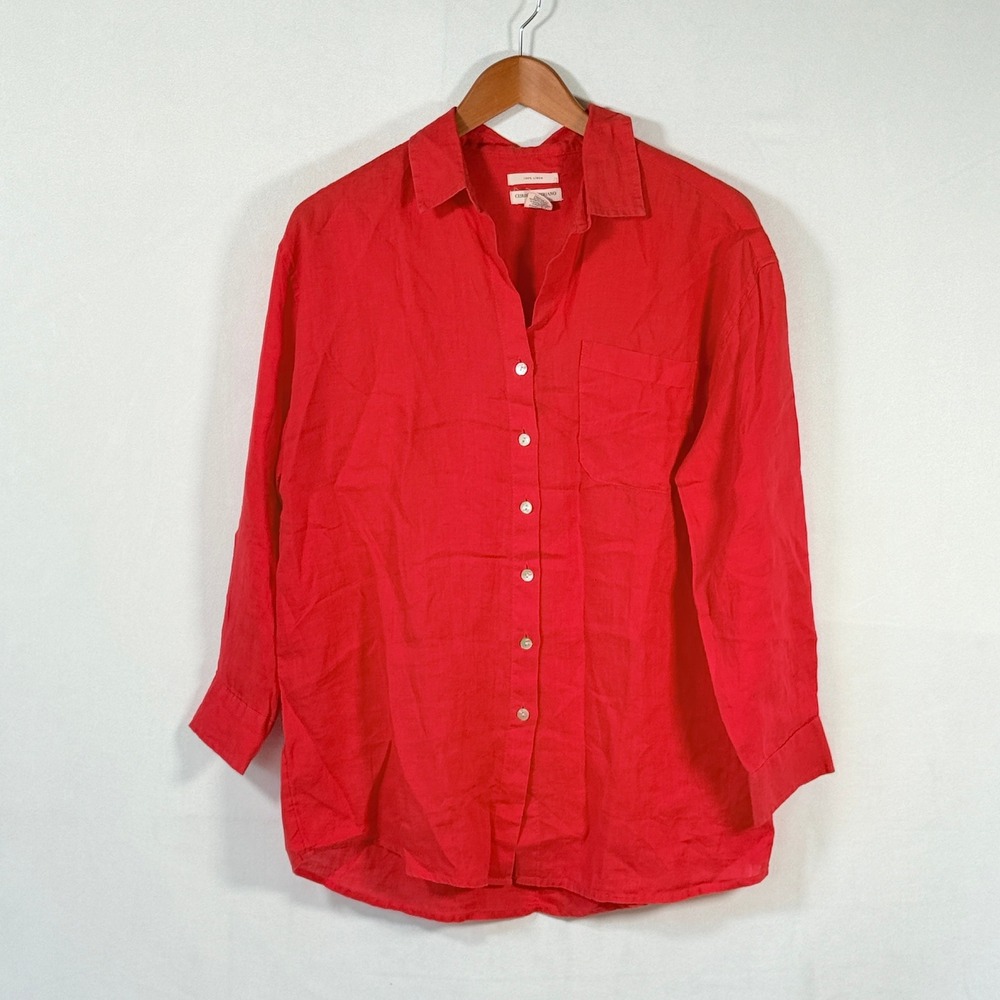 Christian‎ Siriano Oversized Red Linen Long Sleeve Button Down Shirt XS Resort